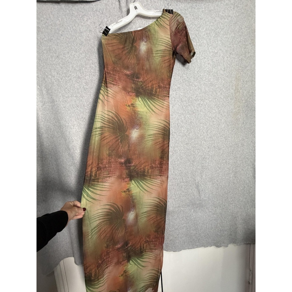 Fashion Nova Dress Womens L Brown Tropical One Shoulder Mesh‎ Maxi Bodycon